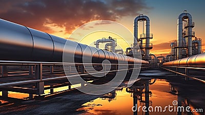 Pipeline and pipe rack of petroleum industrial plant with sunset sky background Generative AI Stock Photo