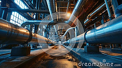 Pipeline of refinery plant, natural gas and oil pipes of factory in petrochemical industry. Steel tube lines inside industrial Stock Photo