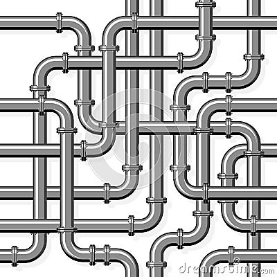Pipeline realistic vector seamless pattern in flat style. Intertwining steel pipes on a white background Vector Illustration