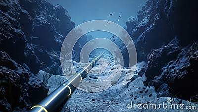 Pipeline tunnel with light rays in cavern, flanked by jagged rock formations., generative ai Stock Photo