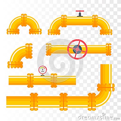 Pipelines with connectors and valves in flat style. Vector Illustration