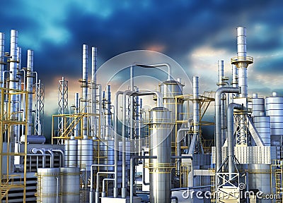 Pipelines of an oil refinery against the dark sky. Cartoon Illustration