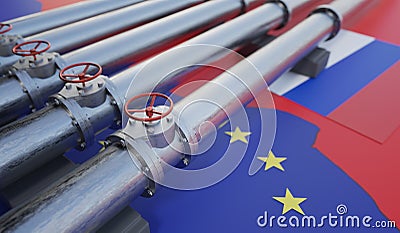 Pipes of gas or oil from Russia to European Union. Sanctions concept. 3D rendered illustration. Cartoon Illustration