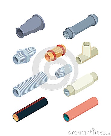 Pipes isometric. Industrial pictures of pvc plastic pipes repairing details for bathroom garish vector valves industrial Vector Illustration