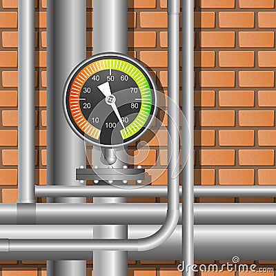 Pipes and manometer in a boiler room. Vector Illustration