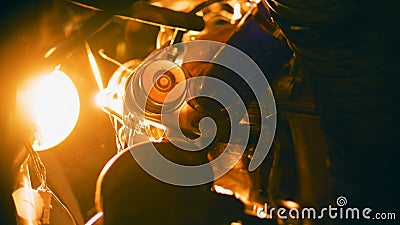 Pipes and parts on background of light. Stock footage. Close-up inside mechanism lot of intricate pipes and iron parts Editorial Stock Photo