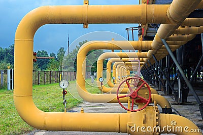 Pipes with valves on gas compressor station Stock Photo