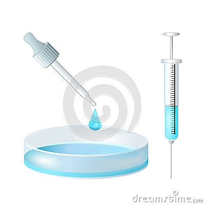 Pipette with drop serum. Syringe with vaccine. petri dish Vector Illustration