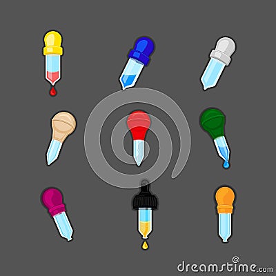 Pipette Icon. Set of different colors pipettes. Pipette vector design. Vector Illustration
