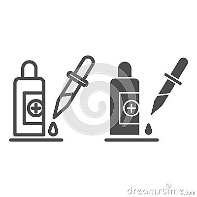 Pipette and medical bottle line and solid icon, Healthcare concept, Medicine vial and dropper sign on white background Vector Illustration