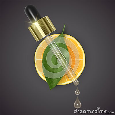 Pipette with orange oil on the background of slices of orange and green leaf, realistic pipette with essential aroma oil Vector Illustration