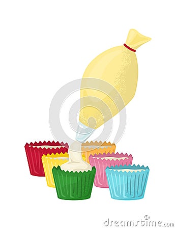 Piping bag squeezing cream into colorful cupcake liners. Baking and pastry making vector illustration Vector Illustration