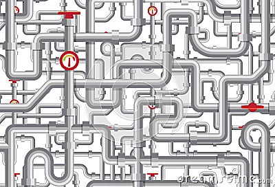 Piping vector pattern. Maze of tubes, cranes, tonometers, pipes. Boiler room texture design. Steel flat geometric line Vector Illustration