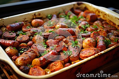 Piquant Sausage bake closeup. Generate Ai Stock Photo