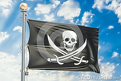 Piracy flag waving in blue cloudy sky, 3D rendering Stock Photo