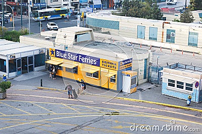 Tickets office Blue Star Ferries in biggest Greek seaport in Piraeus, Greece Editorial Stock Photo