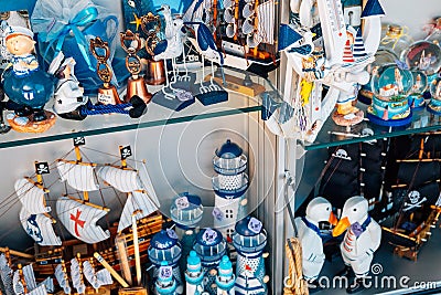 Seaside village Piran souvenir shop summer marine ornament in Piran, Slovenia Editorial Stock Photo