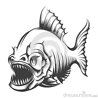 Piranha Fish Black and White Engraving Illustration Vector Illustration