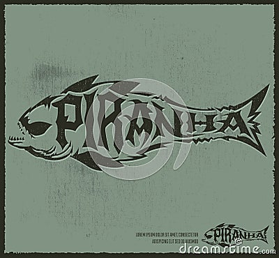 Piranha vector lettering with the shape of a fish, hardcore style grunge emblem Vector Illustration