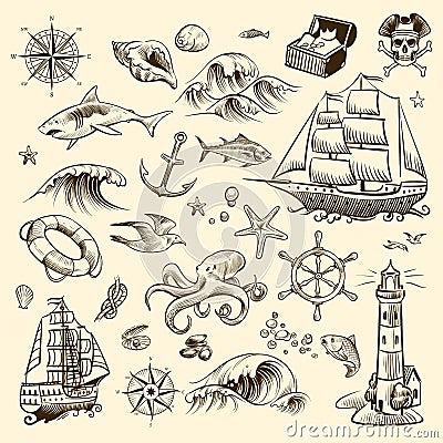 Pirate adventure set. Sea navigation engraved old fantasy objects, ship and treasure of pirates with lighthouse vector Vector Illustration
