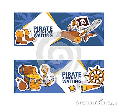 Pirate adventure waiting banner. Corsairs vector illustration with stickers and patches such as anchor, treasure, black Vector Illustration