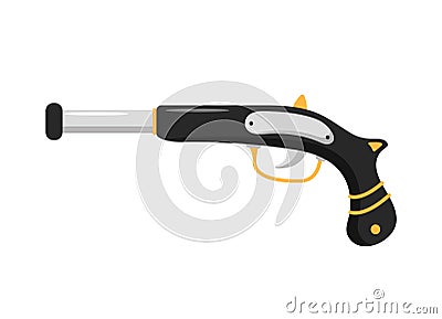 Pirate antique gun. Carnival costume props. Party adventure. Piracy icon isolated on white background. Vector Vector Illustration