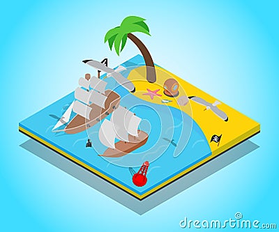 Pirate beach concept banner, isometric style Vector Illustration
