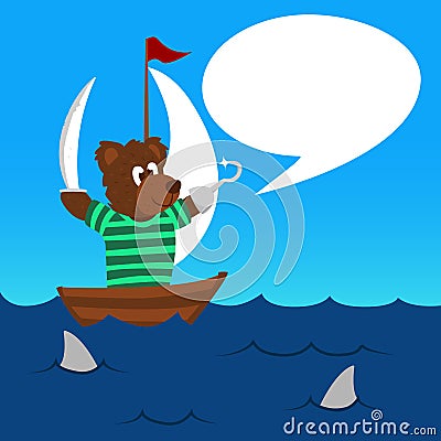 Pirate bear say in spech bubble stranded in the middle of sea with some sharks illustration for kids Vector Illustration