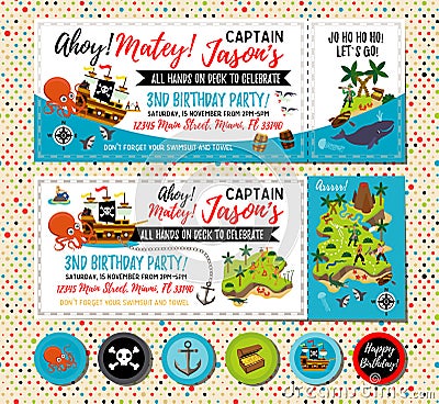 Pirate birthday invitation. Treasure Map Invitation. Pirate Party Decorations for Birthday Party or Baby Shower. Pirate Vector Illustration