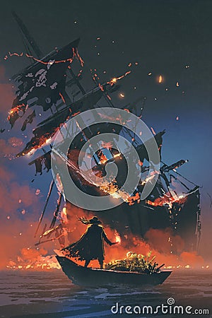 Pirate on boat with treasure looking at sinking ship Cartoon Illustration