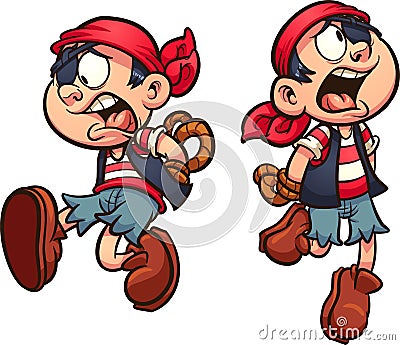 Pirate boy falling with hands tied behind back. Vector Illustration