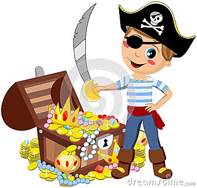 Pirate Boy Sword Treasure Chest Isolated Vector Illustration