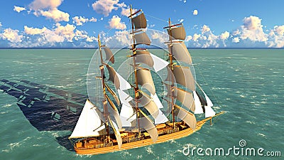 Pirate brigantine at sea Stock Photo