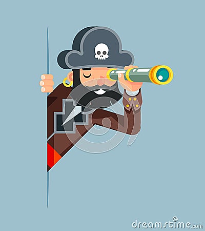 Pirate Buccaneer Filibuster Corsair Sea Dog Spyglass Telescope Spy Look Out Corner Idea Search Discovery Concept Vector Illustration