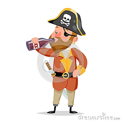 Pirate captain drink rum bottle character alcoholism character cartoon design vector illustration Vector Illustration