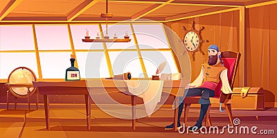 Pirate captain, interior of ship cabin Vector Illustration