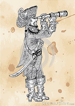 Pirate captain watching long glass on paper background Vector Illustration
