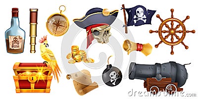 Pirate cartoon object set, vector game corsair icon kit, golden treasure chest, rum bottle, iron cannon. Vector Illustration