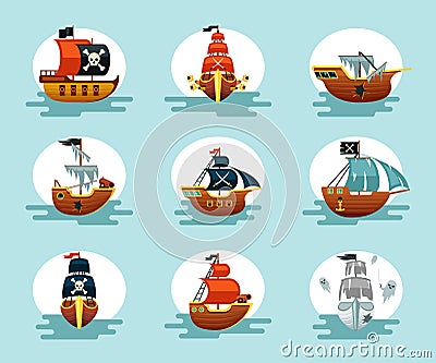 Pirate cartoon ships set. Play corsair schooners ragged sails with cannons and anchors flying dutch galleon with ghosts Vector Illustration