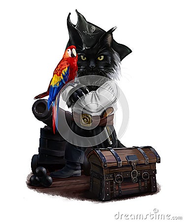 Pirate cat and parrot. Watercolor drawing Stock Photo