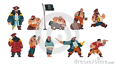 Pirate characters. Cartoon armed male bandit sailors, group fantasy marine villains with swords cannons spyglass and Vector Illustration