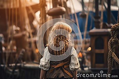 Pirate child girl aboard pirate ship. Generate Ai Stock Photo