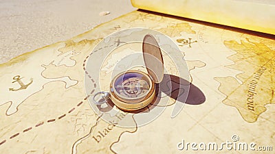 Pirate compass on the Treasure Map lying on the sand on the island of pirates. Vintage beautiful pirate compass lying on Stock Photo