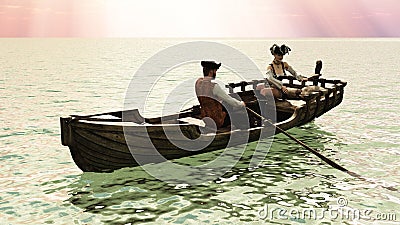 Pirate couple in rowboat Stock Photo