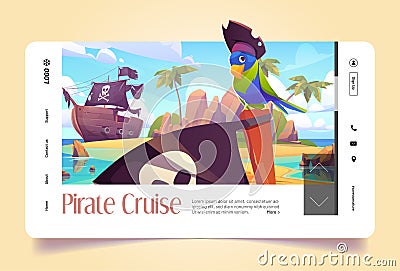 Pirate cruise banner with parrot and ship in sea Vector Illustration