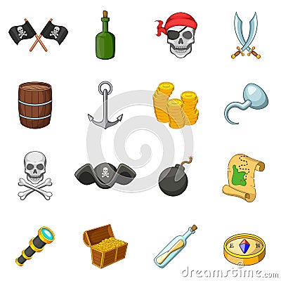 Pirate culture symbols icons set, cartoon style Vector Illustration