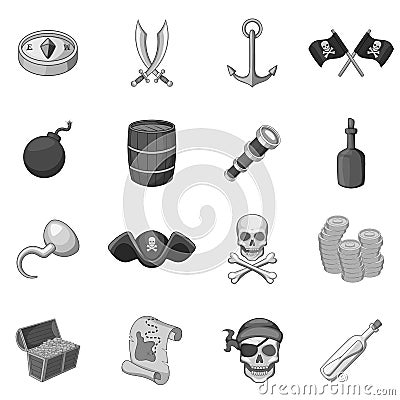 Pirate culture symbols icons set monochrome Vector Illustration