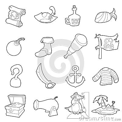 Pirate culture symbols icons set, outline style Vector Illustration