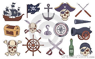 Pirate emblems. Black symbols of pirates drawing elements bones skull sailor vintage ship tattoo exact vector set Vector Illustration