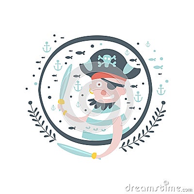 Pirate Fairy Tale Character Girly Sticker In Round Frame Vector Illustration